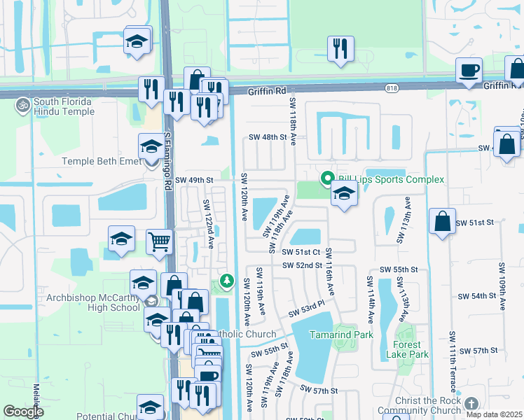 map of restaurants, bars, coffee shops, grocery stores, and more near 119 The Common in Cooper City