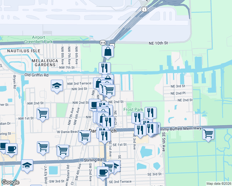 map of restaurants, bars, coffee shops, grocery stores, and more near 210 Northeast 1st Court in Dania Beach