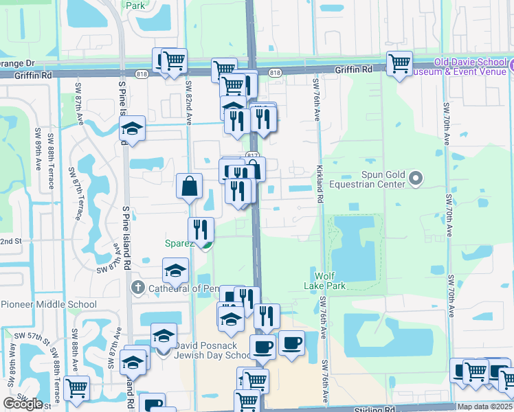 map of restaurants, bars, coffee shops, grocery stores, and more near 5240 South University Drive in Davie