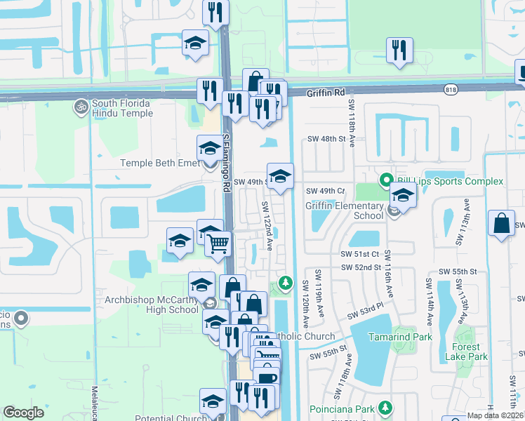 map of restaurants, bars, coffee shops, grocery stores, and more near 5077 Southwest 122nd Terrace in Cooper City