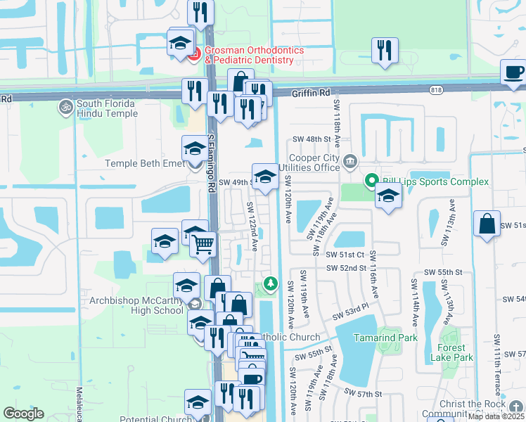 map of restaurants, bars, coffee shops, grocery stores, and more near 12141 Southwest 50th Place in Cooper City