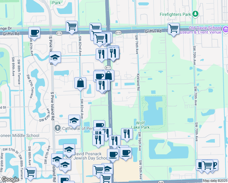 map of restaurants, bars, coffee shops, grocery stores, and more near 5240 South University Drive in Davie