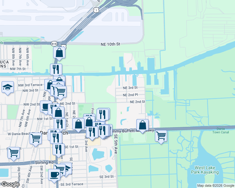 map of restaurants, bars, coffee shops, grocery stores, and more near 518 Northeast 2nd Place in Dania Beach