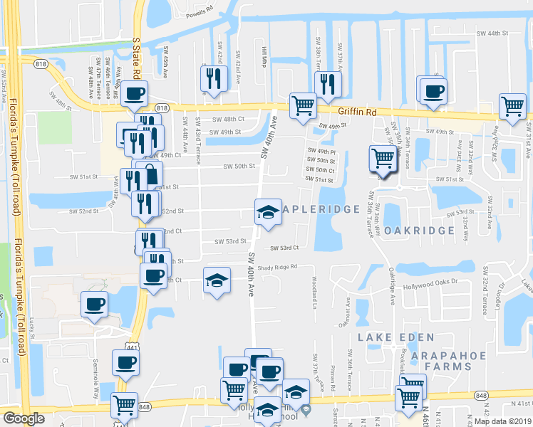 map of restaurants, bars, coffee shops, grocery stores, and more near 5205 Southwest 40th Avenue in Fort Lauderdale