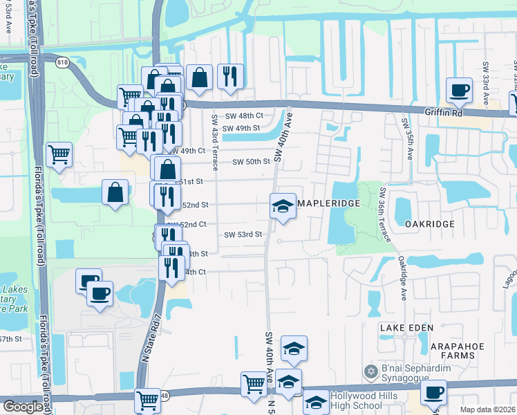 map of restaurants, bars, coffee shops, grocery stores, and more near 5243 Southwest 40th Avenue in Fort Lauderdale