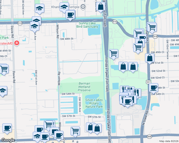 map of restaurants, bars, coffee shops, grocery stores, and more near 5301 South Sterling Ranch Circle in Davie