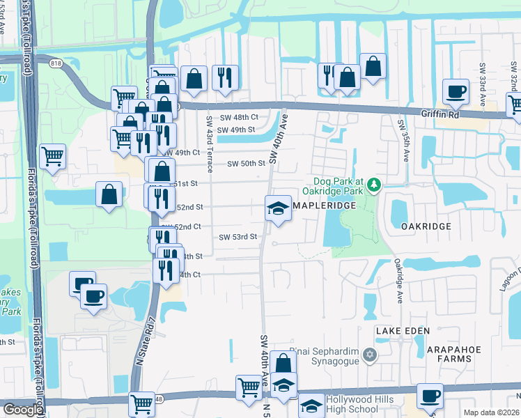 map of restaurants, bars, coffee shops, grocery stores, and more near 5205 Southwest 40th Avenue in Fort Lauderdale