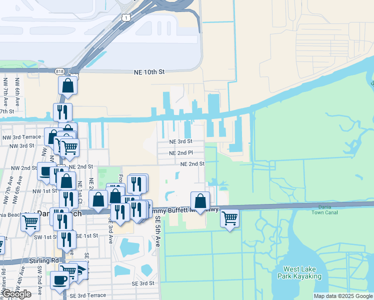 map of restaurants, bars, coffee shops, grocery stores, and more near 617 Northeast 2nd Street in Dania Beach