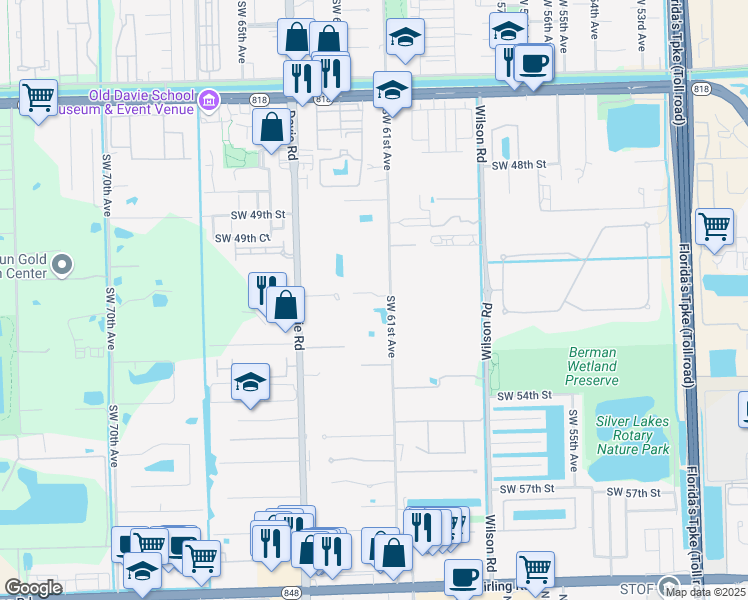 map of restaurants, bars, coffee shops, grocery stores, and more near 6120 Southwest 51st Court in Davie