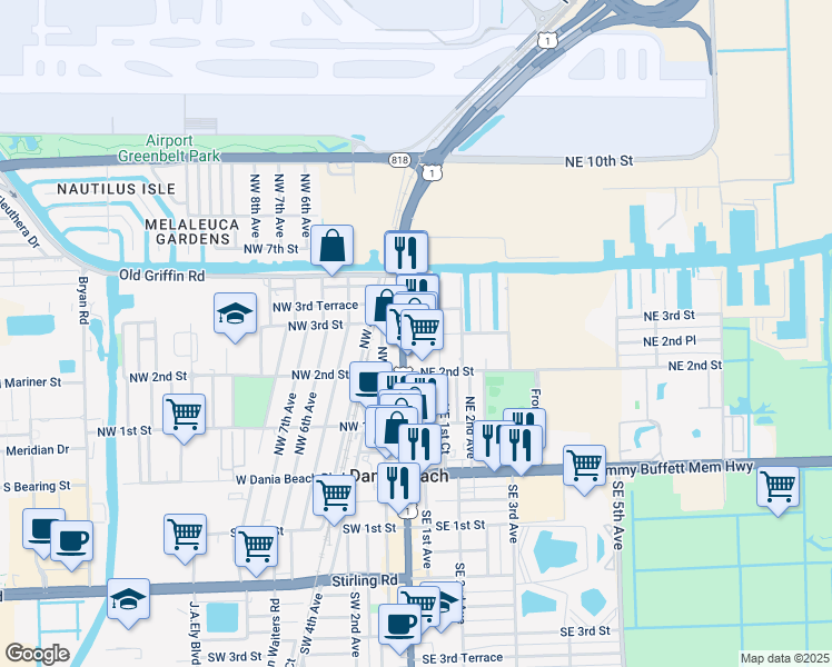 map of restaurants, bars, coffee shops, grocery stores, and more near 212 North Federal Highway in Dania Beach