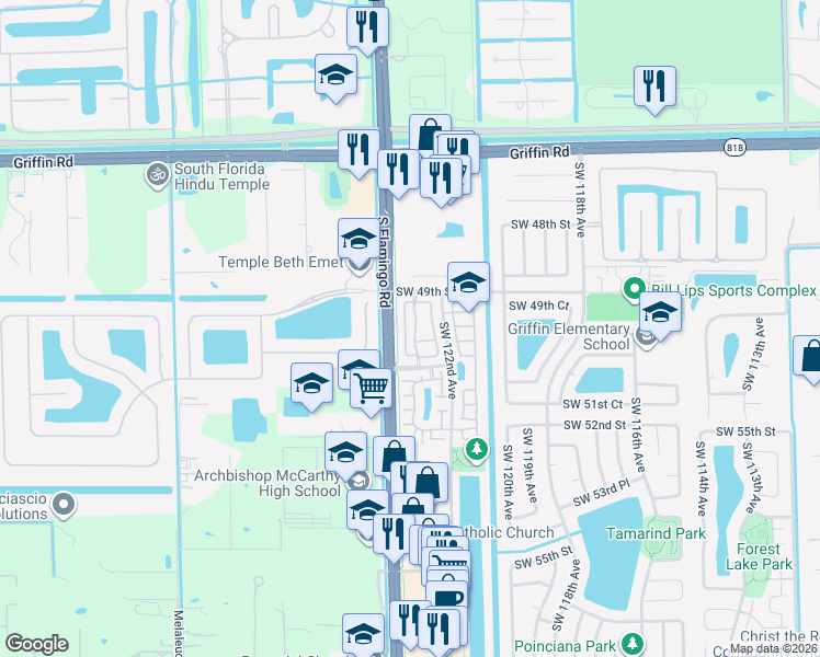 map of restaurants, bars, coffee shops, grocery stores, and more near 4929 Southwest 123rd Terrace in Cooper City