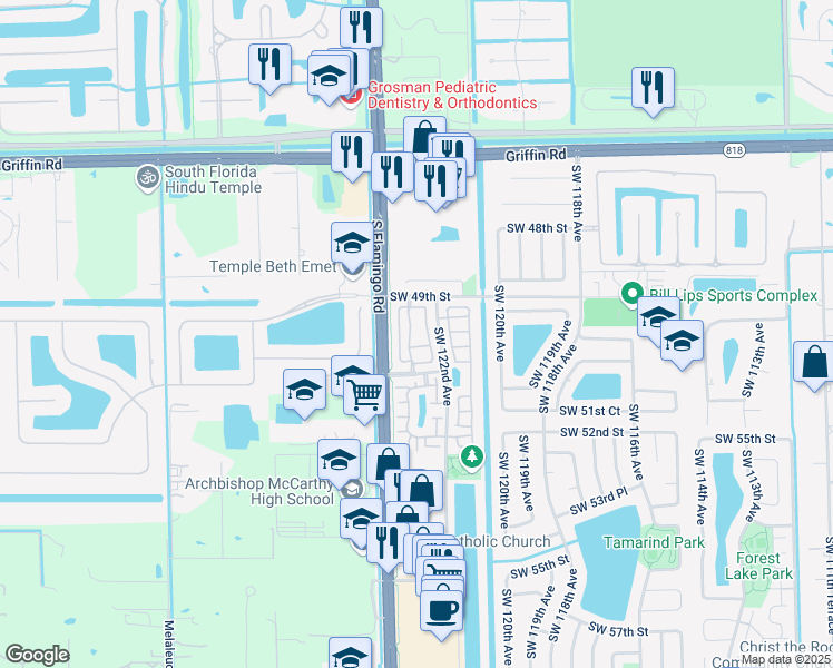 map of restaurants, bars, coffee shops, grocery stores, and more near 5006 Southwest 123rd Avenue in Cooper City