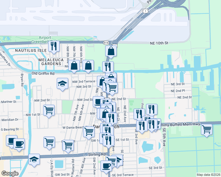 map of restaurants, bars, coffee shops, grocery stores, and more near 302 U.S. 1 in Dania Beach