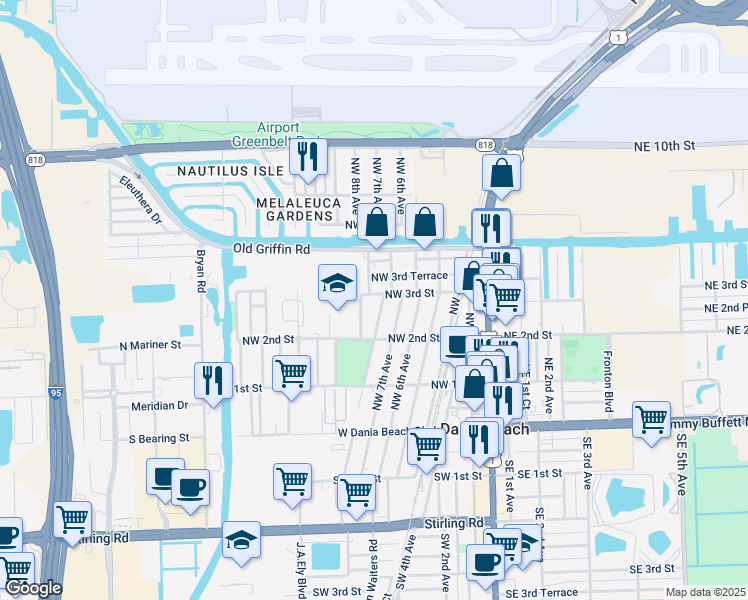 map of restaurants, bars, coffee shops, grocery stores, and more near 801 Northwest 3rd Terrace in Dania Beach