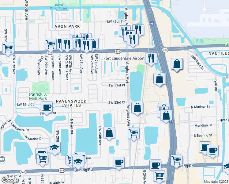 map of restaurants, bars, coffee shops, grocery stores, and more near 2250 Southwest 51st Place in Fort Lauderdale