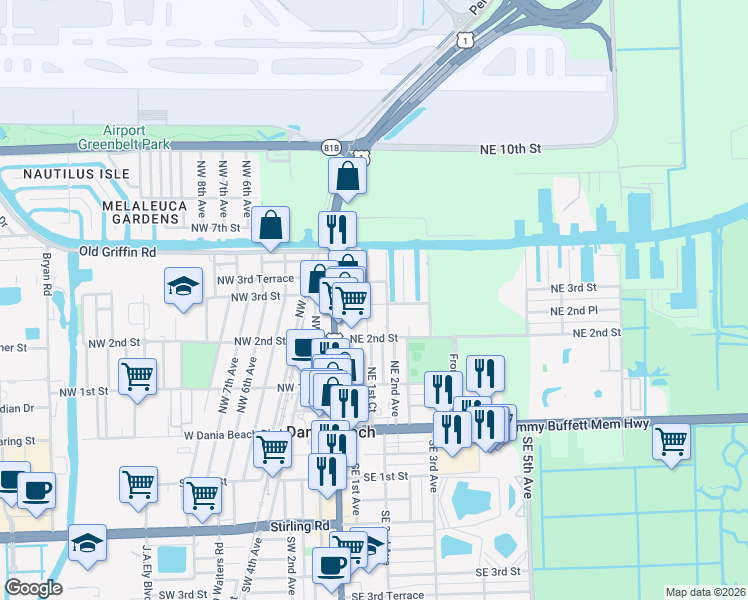 map of restaurants, bars, coffee shops, grocery stores, and more near 121 Northeast 3rd Street in Dania Beach