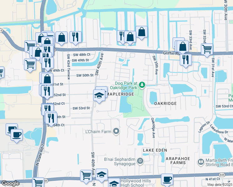 map of restaurants, bars, coffee shops, grocery stores, and more near 5220 Southwest 38th Avenue in Fort Lauderdale