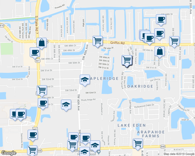 map of restaurants, bars, coffee shops, grocery stores, and more near 5220 Southwest 38th Avenue in Fort Lauderdale