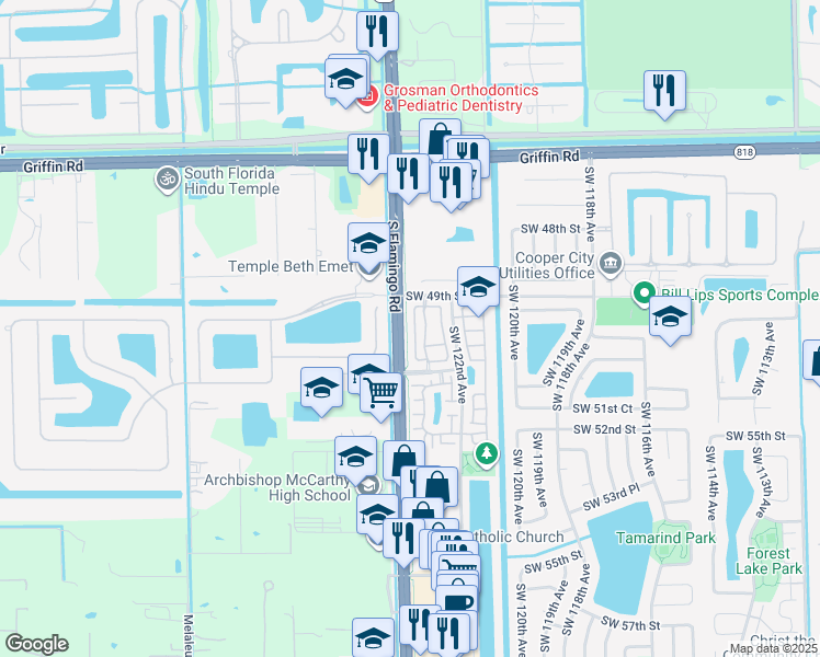 map of restaurants, bars, coffee shops, grocery stores, and more near 4929 Southwest 123rd Terrace in Cooper City