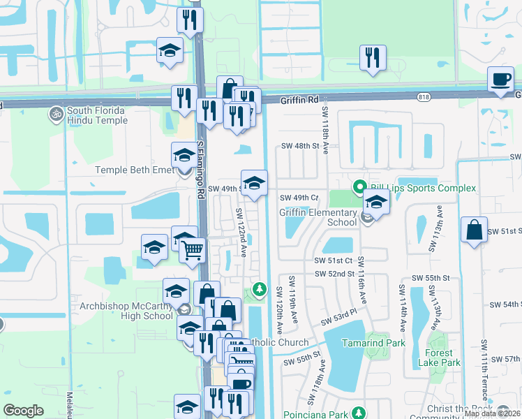 map of restaurants, bars, coffee shops, grocery stores, and more near in Davie