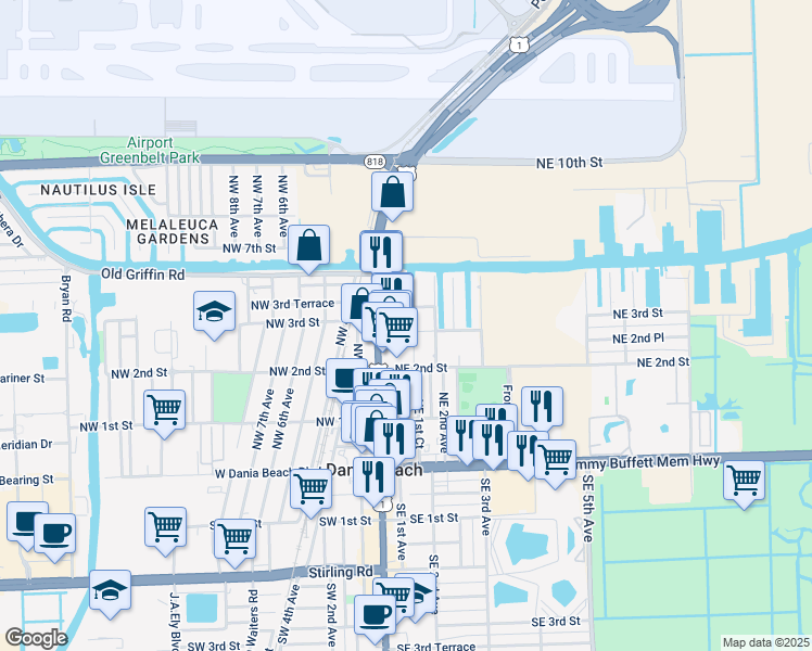 map of restaurants, bars, coffee shops, grocery stores, and more near 121 Northeast 3rd Street in Dania Beach