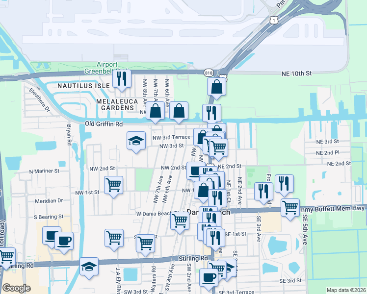 map of restaurants, bars, coffee shops, grocery stores, and more near 515 Northwest 3rd Terrace in Dania Beach