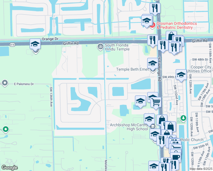 map of restaurants, bars, coffee shops, grocery stores, and more near 13061 Parkside Terrace in Cooper City