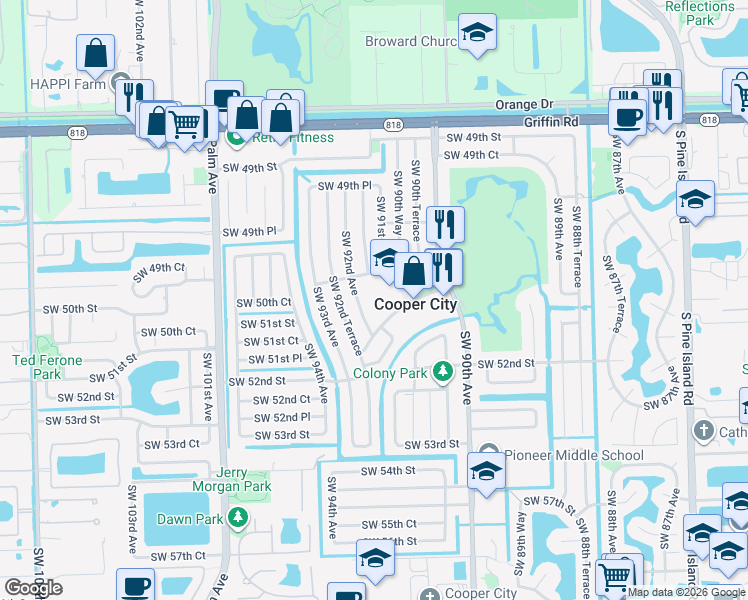 map of restaurants, bars, coffee shops, grocery stores, and more near 5080 Southwest 92nd Avenue in Cooper City