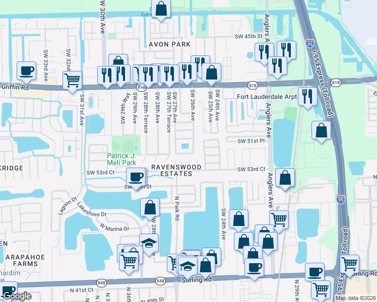 map of restaurants, bars, coffee shops, grocery stores, and more near 2611 Southwest 52nd Court in Fort Lauderdale