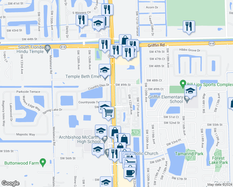 map of restaurants, bars, coffee shops, grocery stores, and more near 4929 Southwest 123rd Terrace in Cooper City