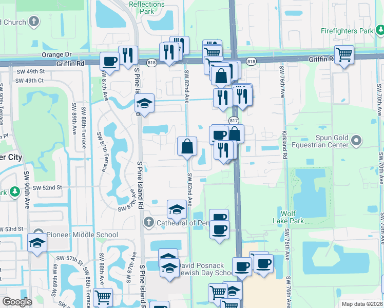 map of restaurants, bars, coffee shops, grocery stores, and more near 5063 Madison Lakes Circle West in Davie