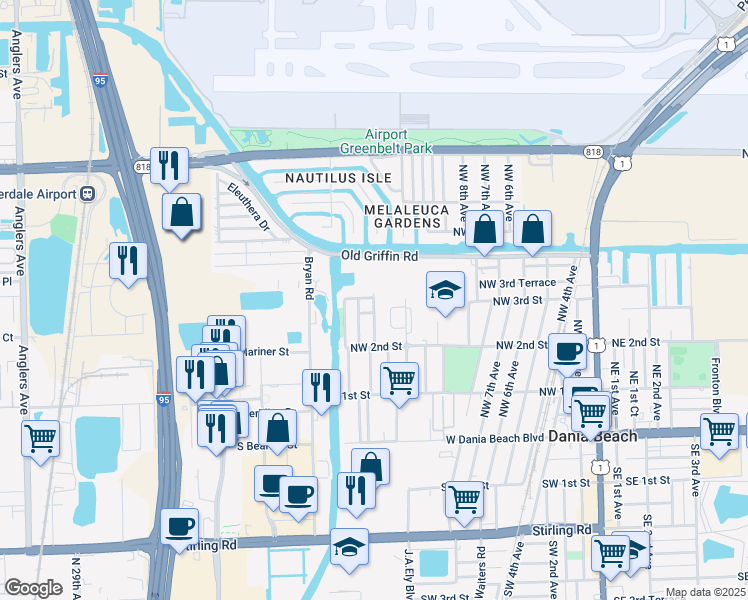 map of restaurants, bars, coffee shops, grocery stores, and more near 1370 Northwest 3rd Street in Dania Beach