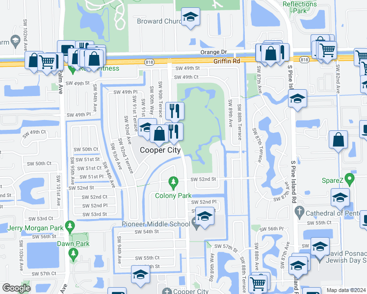 map of restaurants, bars, coffee shops, grocery stores, and more near 5100 Southwest 90th Avenue in Cooper City