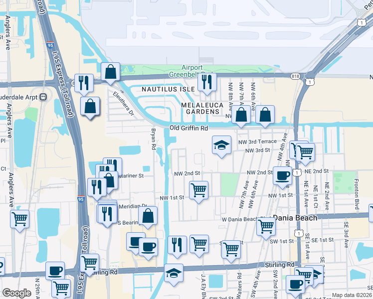 map of restaurants, bars, coffee shops, grocery stores, and more near 1370 Northwest 3rd Street in Dania Beach