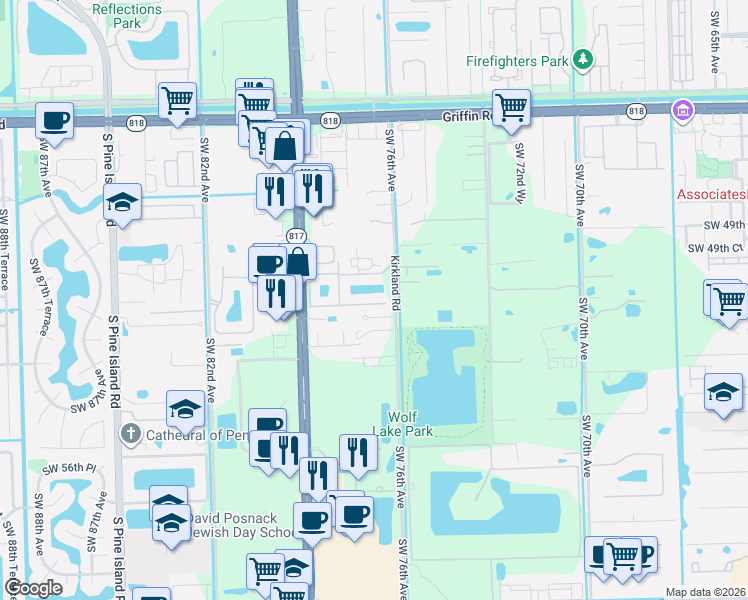 map of restaurants, bars, coffee shops, grocery stores, and more near 5192 South University Drive in Davie