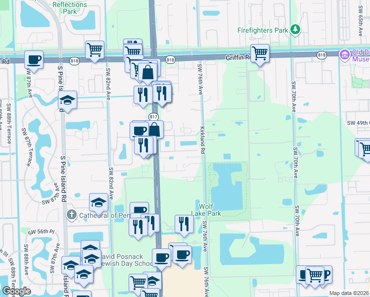 map of restaurants, bars, coffee shops, grocery stores, and more near 5134 South University Drive in Davie