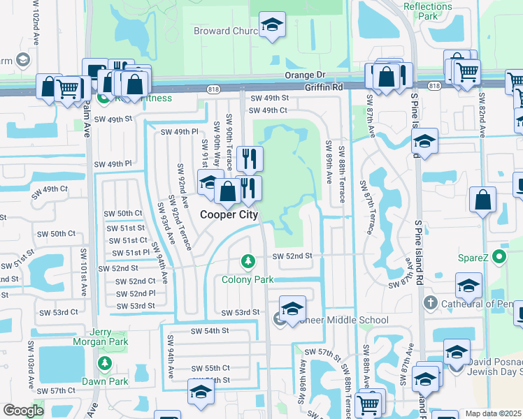 map of restaurants, bars, coffee shops, grocery stores, and more near 5100 Southwest 90th Avenue in Cooper City