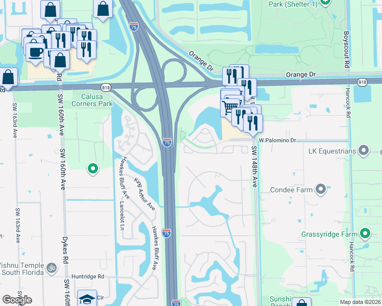 map of restaurants, bars, coffee shops, grocery stores, and more near 5029 Southwest 153 Terrace in Davie