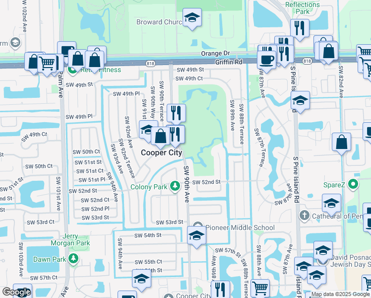 map of restaurants, bars, coffee shops, grocery stores, and more near 5100 Southwest 90th Avenue in Cooper City