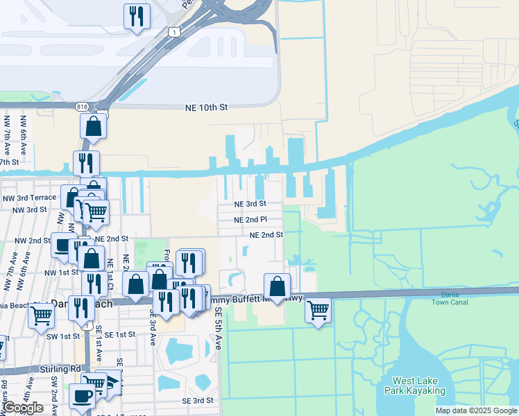 map of restaurants, bars, coffee shops, grocery stores, and more near 618 Northeast 3rd Street in Dania Beach