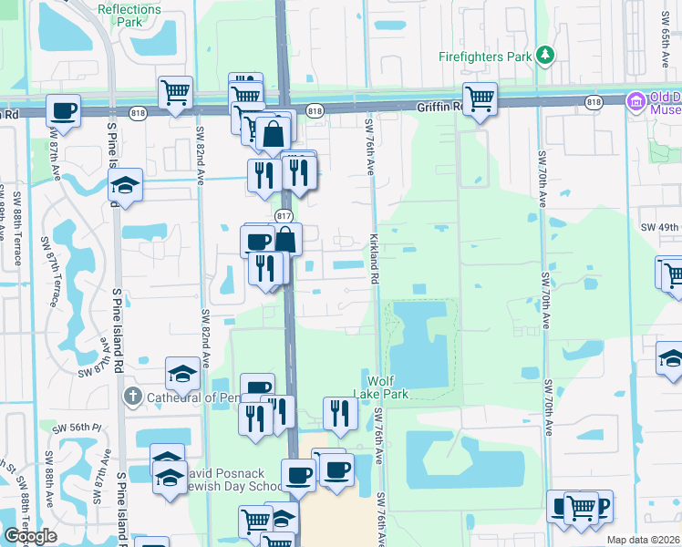 map of restaurants, bars, coffee shops, grocery stores, and more near 5134 South University Drive in Davie