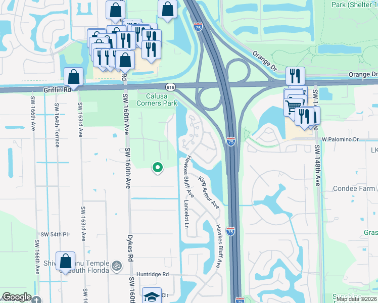 map of restaurants, bars, coffee shops, grocery stores, and more near 4814 Grapevine Way in Davie