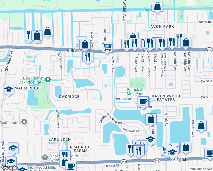 map of restaurants, bars, coffee shops, grocery stores, and more near 31 The Common in Fort Lauderdale