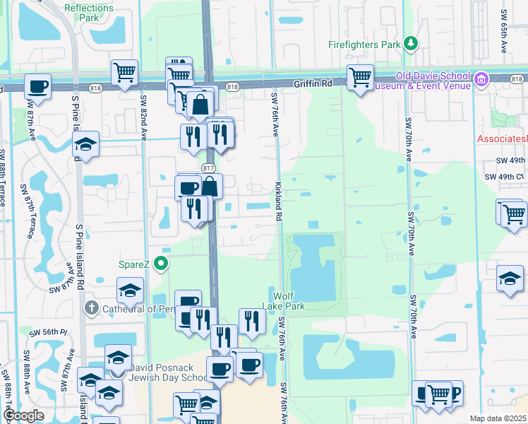 map of restaurants, bars, coffee shops, grocery stores, and more near 5192 South University Drive in Davie