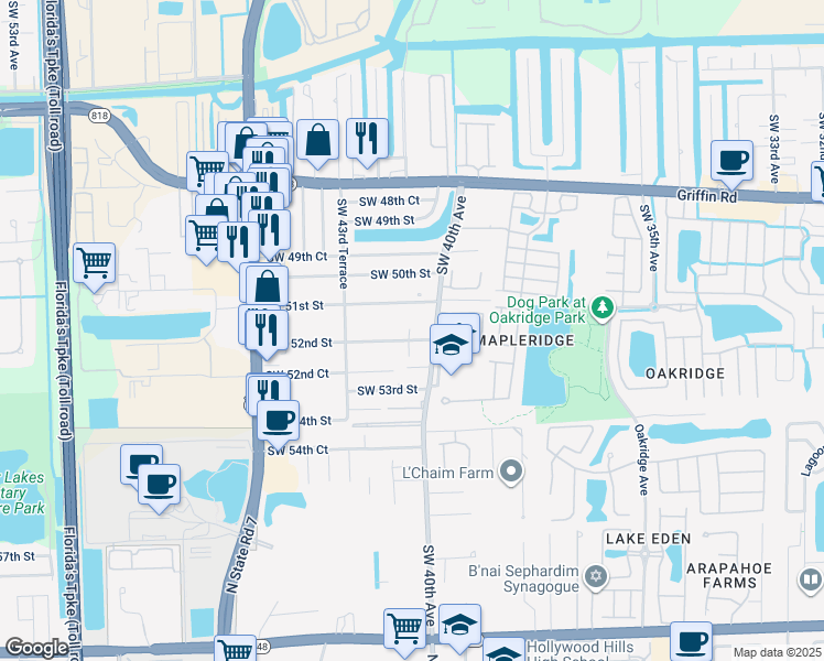 map of restaurants, bars, coffee shops, grocery stores, and more near 4116 Southwest 51st Street in Fort Lauderdale