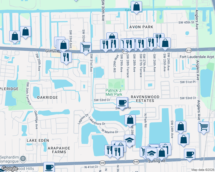 map of restaurants, bars, coffee shops, grocery stores, and more near 3005 Southwest 50th Street in Fort Lauderdale