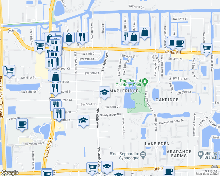 map of restaurants, bars, coffee shops, grocery stores, and more near 5130 Southwest 40th Avenue in Fort Lauderdale