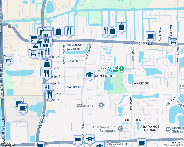 map of restaurants, bars, coffee shops, grocery stores, and more near 5130 Southwest 40th Avenue in Fort Lauderdale