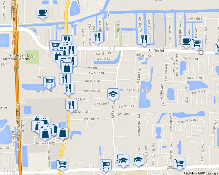 map of restaurants, bars, coffee shops, grocery stores, and more near 4116 Southwest 51st Street in Fort Lauderdale