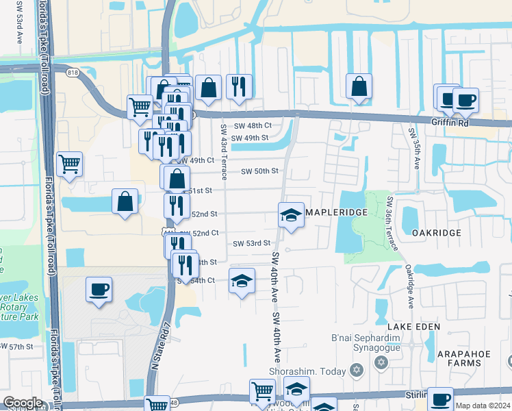 map of restaurants, bars, coffee shops, grocery stores, and more near 4116 Southwest 51st Street in Fort Lauderdale